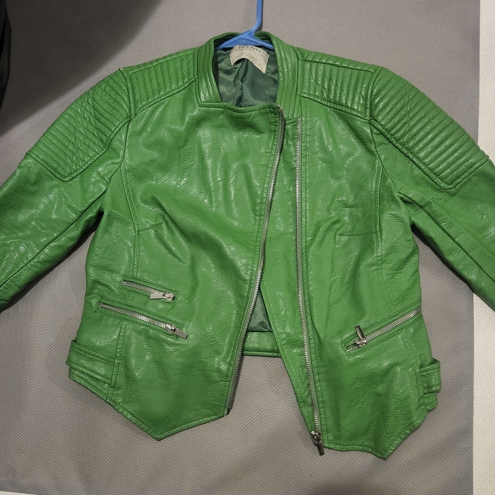 Zara Green Vegan Faux Leather Motorcycle Jacket